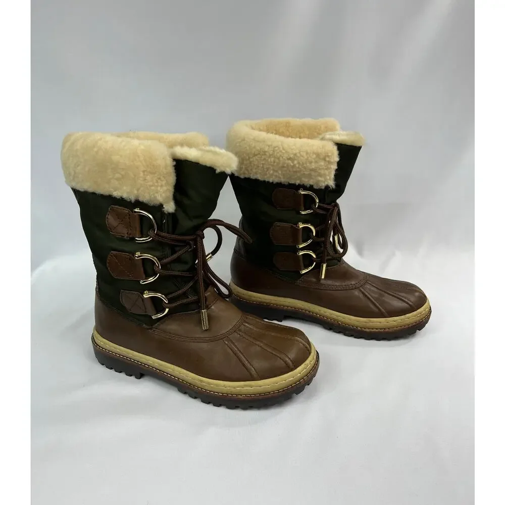Tory Burch Duck Boots Nylon Leather Lace Up Sherling Womens 7 1/2